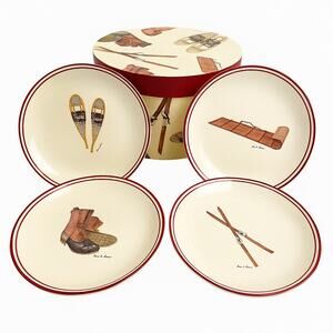 L.L.Bean Winter Lodge Plate Set (4) Snowshoe Ski Cabin Decor